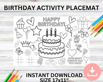 Geburtstag Tischset zum Ausmalen, Party Aktivitäten Sheet (Instant Download)