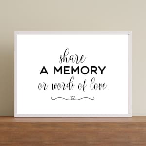 Teken een herinnering of woorden van liefde, bord met geheugentafel, bord begrafenisherdenking, viering van het leven geheugenbord, bord afdrukbaar gastenboek
