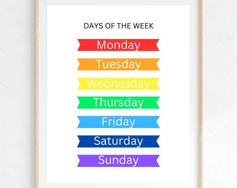 Días de la semana arcoíris imprimibles, decoración para el aula de educación en casa (descarga digital)