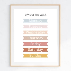 Póster de los días de la semana con arcoíris bohemio, decoración bohemia para la educación en casa, arte mural imprimible, decoración para habitaciones infantiles, póster educativo, decoración preescolar, niños