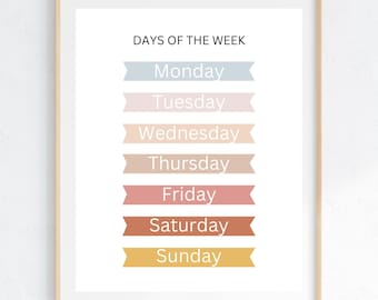 Boho Rainbow Days Of The Weeks Poster, Boho Homeschool Decor, Printable Wall Art, Kids Room Decor, Educational Poster, Preschool Decor, Kids