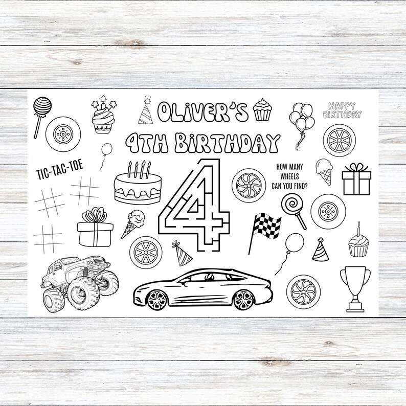 Personalized Birthday Race Car Coloring Page, Birthday Party Coloring ...