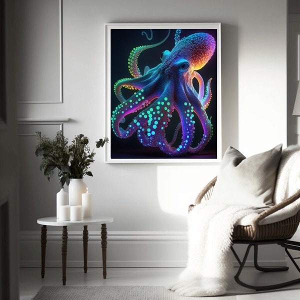 Neon Sea Creature Printable Digital Art, Octopus Decor, Marine Life Wall Art, Kraken Wall Art, Neon Animals, Sea Monster Art