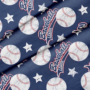 May include: A navy blue fabric with a repeating pattern of white baseballs, stars, and the text "Baseball League".