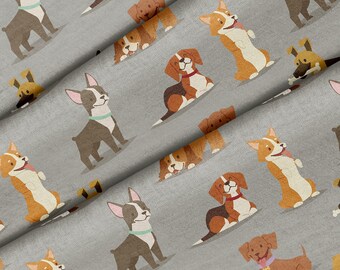 May include: A gray fabric with a repeating pattern of various dog breeds in different colors and poses. The dogs are all cartoon-style illustrations.