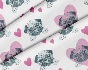 May include: White fabric with a repeating pattern of pugs and pink hearts. The pugs are drawn in a vintage style and are looking at the viewer. The hearts are scattered throughout the fabric.