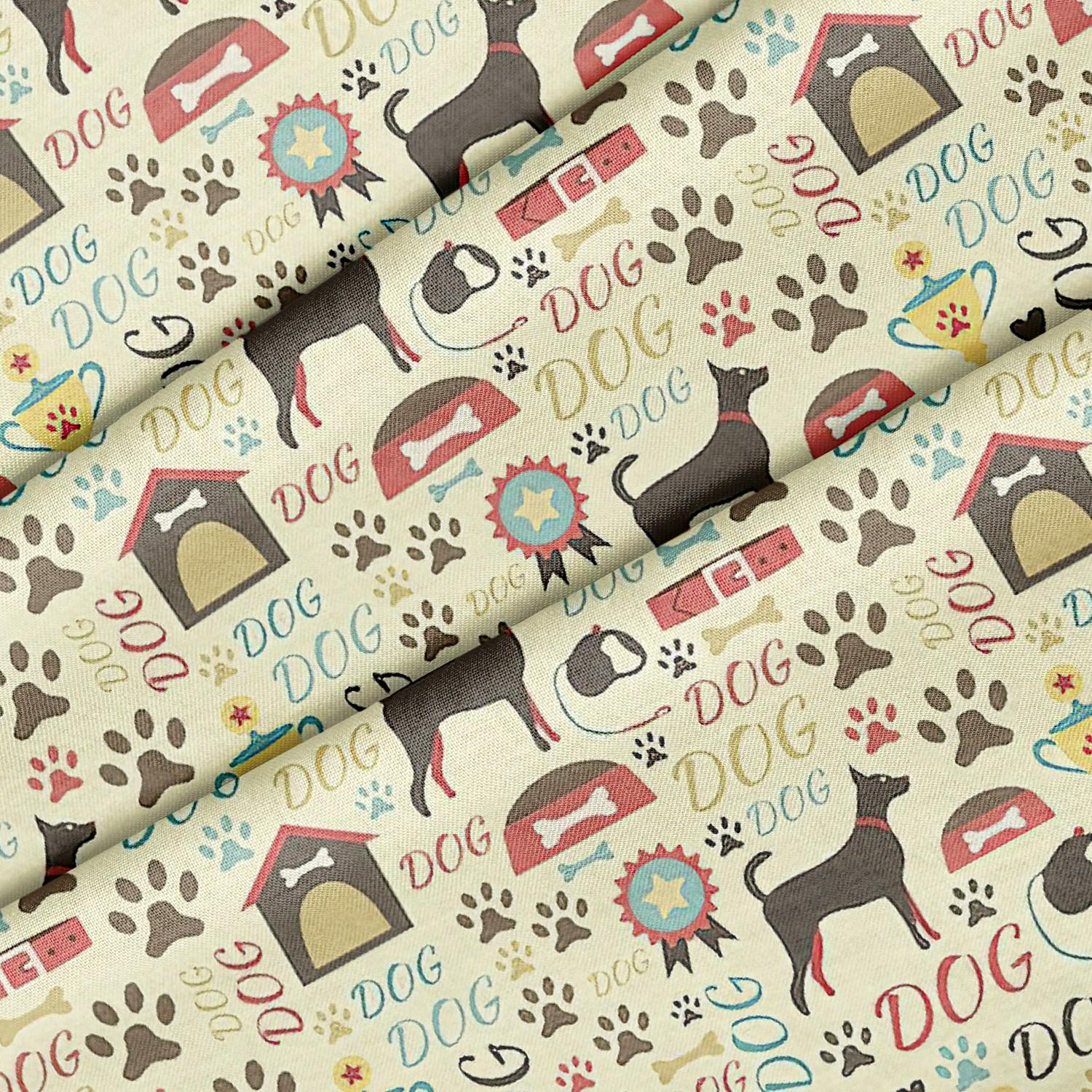 Retro Dog House Theme Fabric, Premium Quality Fabric - For Quilting, DIY, Crafting Perfect For All Your Projects.