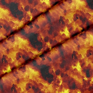 Puede incluir: Tela abstracta con un esquema de color naranja, amarillo y rojo fuego. La tela tiene un patrón de remolino, similar al humo.