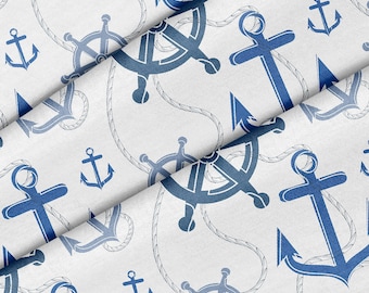 Könnte beinhalten: Ein weißer Stoff mit einem blauen nautischen Muster mit Ankern, Schiffsrädern und Seilen. Das Muster wiederholt sich über den gesamten Stoff.