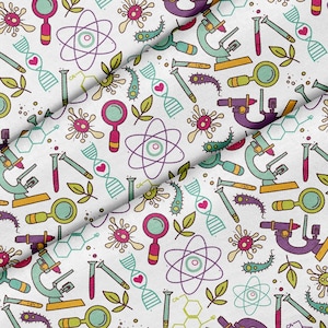 May include: A white background with a repeating pattern of colorful science-themed illustrations. The pattern includes microscopes, DNA strands, atoms, magnifying glasses, test tubes, and bacteria. The illustrations are drawn in a cartoon style.