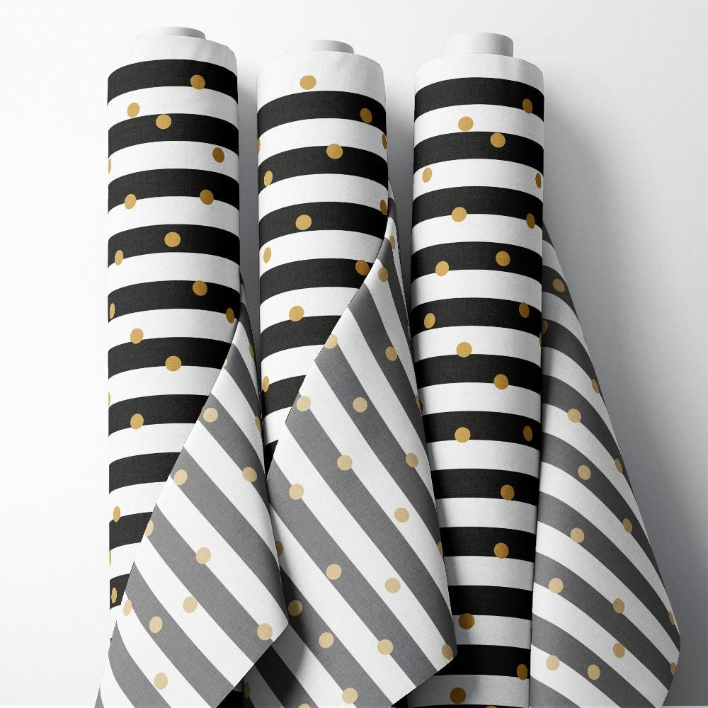 Gold Circles Black White Stripe Theme Fabric, Premium Quality Fabric ...