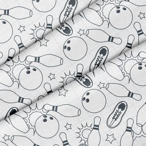 May include: A seamless pattern featuring black and white illustrations of bowling pins, bowling balls, and stars on a white background. The pattern is repeated throughout the image.