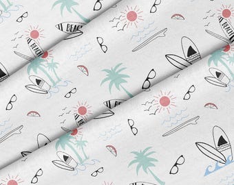 May include: White fabric with a repeating pattern of palm trees, sunglasses, surfboards, and suns. The surfboards have the word "Beach" written on them.