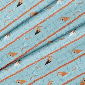 May include: A blue and orange fabric with a repeating pattern of swimmers in a pool. The swimmers are all in the same pose, with their arms outstretched and their legs together. The pool is represented by a blue background with orange lines.