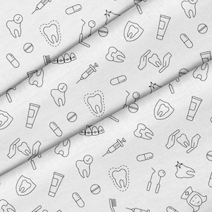 Könnte beinhalten: Ein weißer Hintergrund mit einem sich wiederholenden Muster aus schwarzen Zahnpflege-Symbolen. Die Symbole umfassen Zahnbürsten, Zahnpastatuben, Zähne, Zahnseide und eine Spritze.
