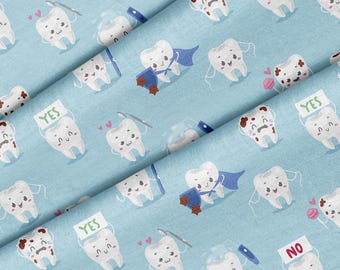 Cartoon Tooth Teeth Theme Fabric, Premium Quality Fabric - For Quilting, DIY, Crafting Perfect For All Your Projects.