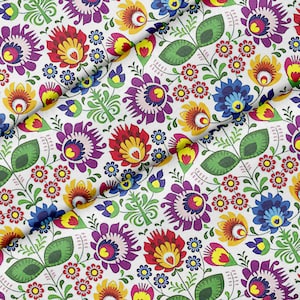 May include: White fabric with a repeating pattern of colourful flowers and leaves. The flowers are stylised and have a folk art feel. The fabric is perfect for crafting projects like quilts, cushions, and bags.