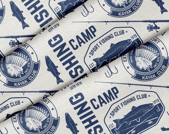 Fishing Club Canoe Theme Fabric, Premium Quality Fabric - For Quilting, DIY, Crafting Perfect For All Your Projects.