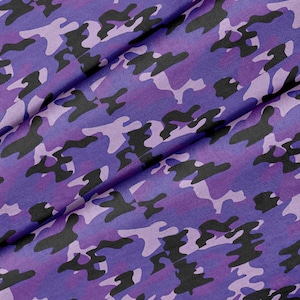 May include: Purple camouflage fabric with a black and light purple pattern.