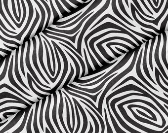May include: Black and white abstract zebra print fabric with a wavy pattern.