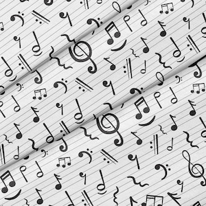 May include: A seamless pattern of musical notes and symbols on a white background with gray lines. The pattern includes treble clefs, eighth notes, quarter notes, and other musical symbols.