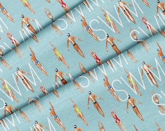 Watercolor Swimmers Theme Fabric, Premium Quality Fabric - For Quilting, DIY, Crafting Perfect For All Your Projects.