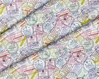 Passport Travel Stamps Theme Fabric, Premium Quality Fabric - For Quilting, DIY, Crafting Perfect For All Your Projects.