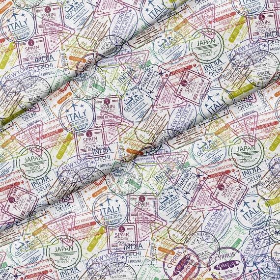 Passport Travel Stamps Theme Fabric, Premium Quality Fabric - for