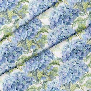 May include: A seamless pattern featuring watercolor illustrations of blue hydrangeas with green leaves on a white background.