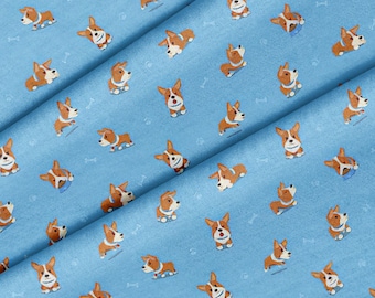 Tessuto a tema Cartoon Corgi Puppy, tessuto di qualità premium - per quilting, fai da te, artigianato perfetto per tutti i tuoi progetti.