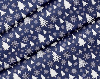 May include: A navy blue fabric with a white repeating pattern of stylized Christmas trees and snowflakes.