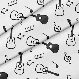 Tessuto con tema note musicali per chitarra acustica, tessuto di qualità premium, per quilting, fai da te e artigianato, perfetto per tutti i tuoi progetti.