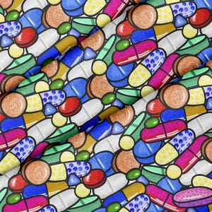 May include: A seamless pattern featuring a variety of colorful pills and capsules. The pattern is on a white background and includes various shapes and sizes of pills, including round, oval, and capsule shapes. The pills are in shades of red, blue, green, yellow, and orange.