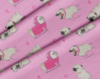 May include: Pink fabric with a repeating pattern of pugs in various poses. Some pugs are wearing pink sweaters, while others are lying down or standing. The background is a solid pink color.