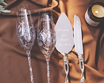 Custom wedding champagne flutes and cake server set for bride and groom, personalized hand-painted anniversary gift set for couple, set of 4