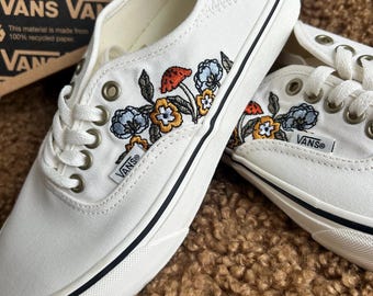 Floral Mushroom Embroidered Vans | Cottagecore Sneakers | Custom White Vans | Vintage Style Shoes