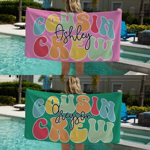 Personalized Groovy Cousin Crew Beach Towel, Name Beach Towel, Custom Beach Towel, Beach Towel for Cousin, Family Trip Beach Towel