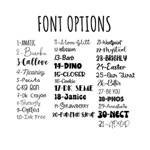 May include: A white background displays a list of 31 font options in various styles. The title "FONT OPTIONS" is at the top. Each font is numbered and named, including options like "AMATIC", "Baroka", "DINO", and "STRAWBERRY".