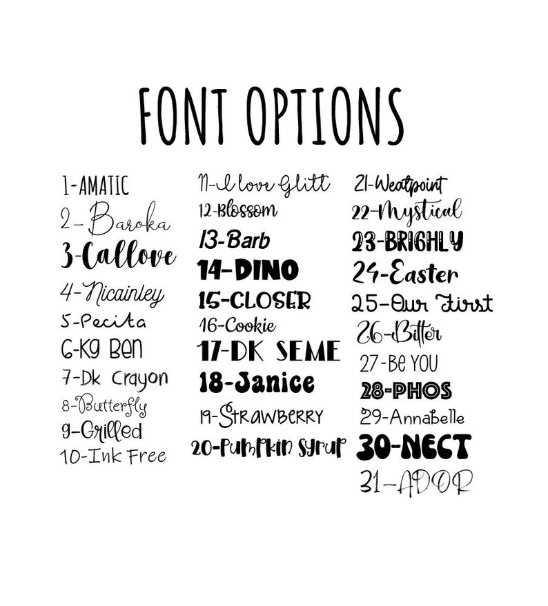 May include: A white background displays a list of 31 font options in various styles. The title "FONT OPTIONS" is at the top. Each font is numbered and named, including options like "AMATIC", "Baroka", "DINO", and "STRAWBERRY".