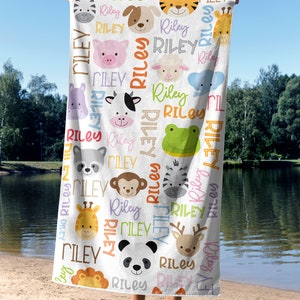 Personalized Animal Beach Towel, Animal Beach Towel, Custom Towel Gift, Safari Animal Nursery Beach Towel, Custom Beach Towel for kids