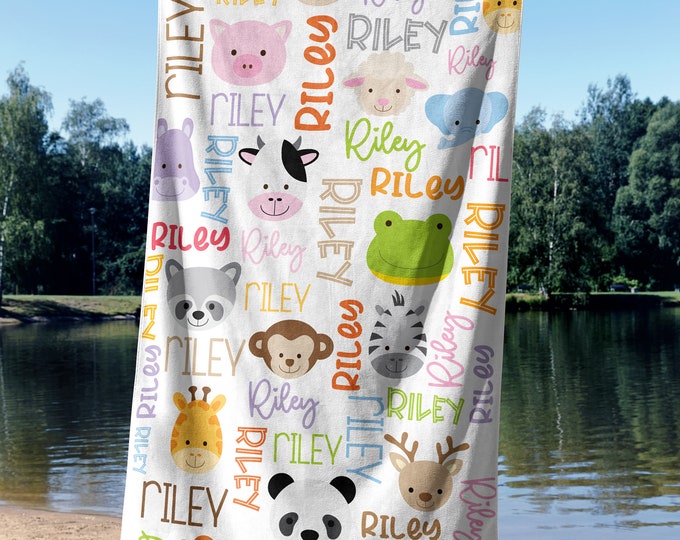 Personalized Animal Beach Towel, Animal Beach Towel, Custom Towel Gift, Safari Animal Nursery Beach Towel, Custom Beach Towel for kids