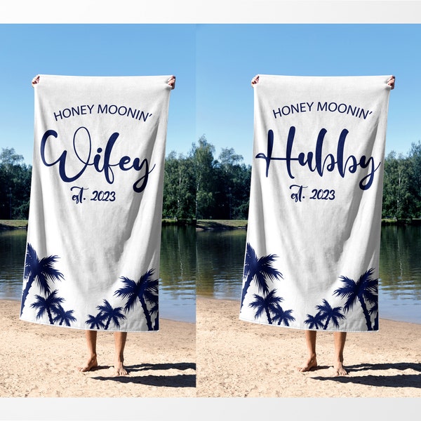 Personalized Couples Beach Towel, Custom Wifey Hubby Beach Towel, Custom Honeymoon Beach Towel, Custom Beach Towel for Bride