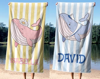 Toalla de playa personalizada con ballena para niños, toalla con nombre personalizado, linda toalla de animal marino, toalla de piscina de verano para niños pequeños, toalla de playa para niña