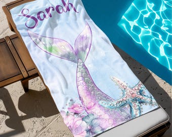 Gepersonaliseerde zeemeerminhanddoek, aangepaste zeemeermin strandlaken, aquarel zeemeermin strandlaken, strandhanddoek verjaardagsfeestje buiten voor meisjes