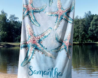 Toalla de playa personalizada con estrellas de mar, toalla de playa de verano, regalo de despedida de soltera, regalos de vacaciones