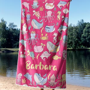 Custom Sea Animals Beach Towel for Kids, Personalized Name Towel, Ocean Creatures Toddler Towel, Cute Summer Pool Towel for Boys & Girls