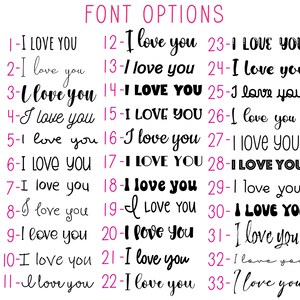 May include: A white background displays 33 font options for the phrase "I love you." The text is in black, with the words numbered and arranged in rows. The words "FONT OPTIONS" are in pink at the top.