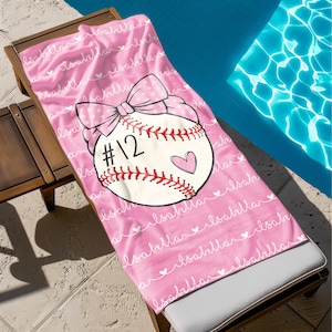 Personalized Coquette Baseball Beach Towel, Baseball Team Beach Towel, Custom Player number Beach Towel, Custom Beach Towel for Girl