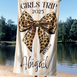 Custom Girls Trip Towel, Personalized Leopard Bow Beach Towel, Bridesmaid Gift, Bachelorette Party, Name Towel for Summer Beach Fun