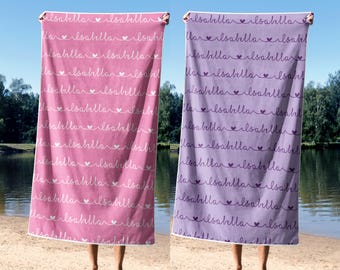 Custom Beach Towel, Personalized Name Towel, Soft and Absorbent, Summer Pool Towel, Heart Beach towel, Travel and Vacation Essential